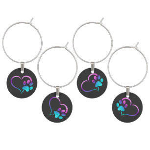 Purple Cyan Dog paw Print Heart  Wine Charm
