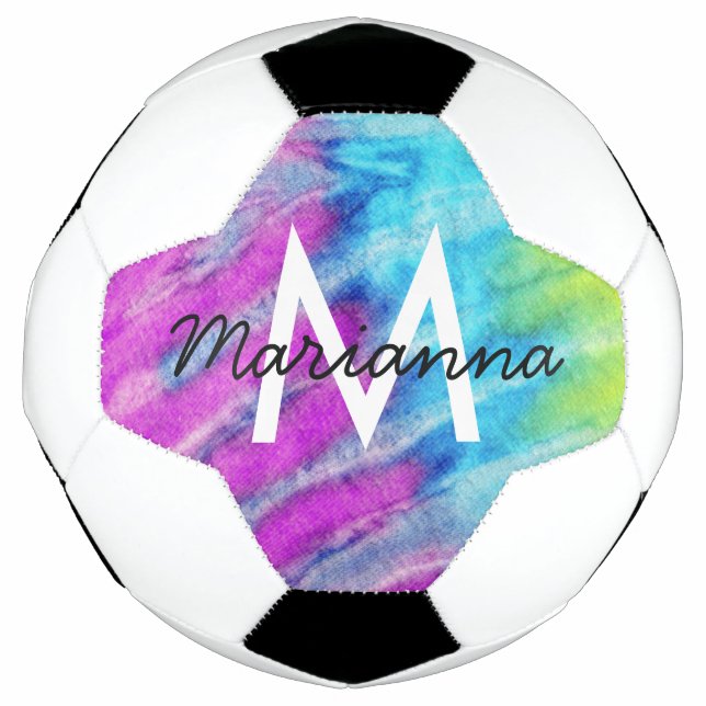 Purple Cyan Tie Dye Name and Initial Personalized Soccer Ball (Front)