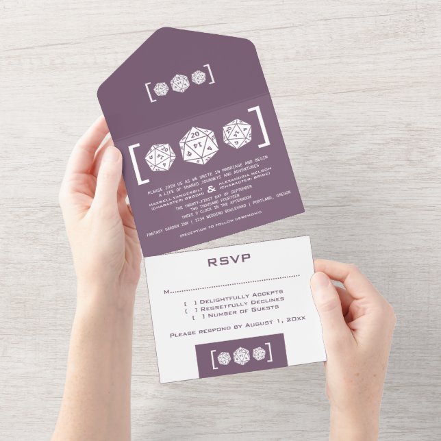 Purple D20 Dice Gamer All in One Wedding Invite (Tearaway)