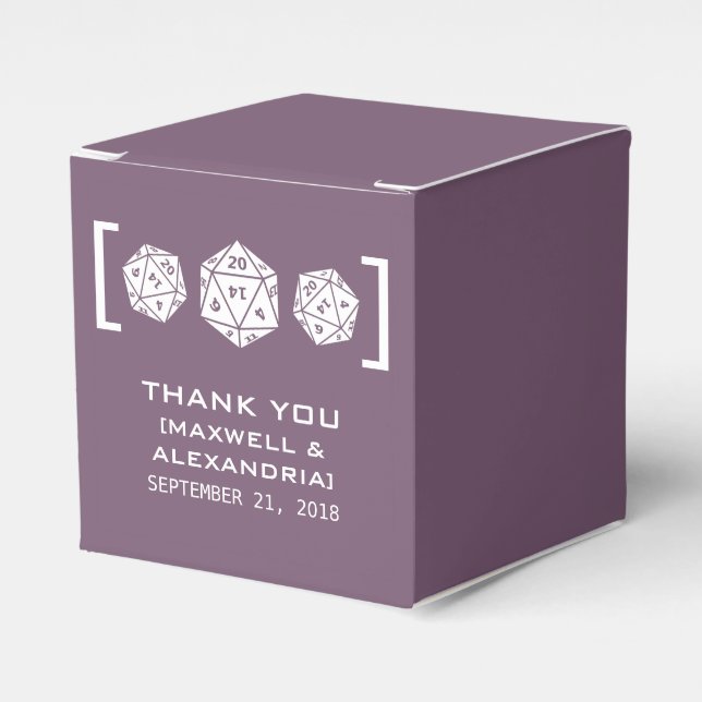 Purple D20 Dice Gamer Favor Boxes (Front Side)