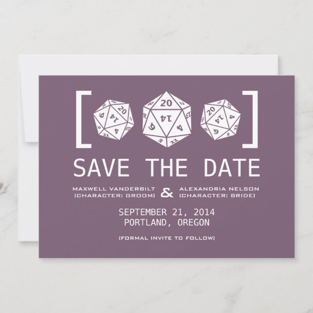 Purple D20 Dice Gamer Save the Date Invite (Front)