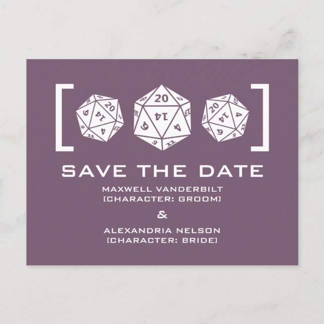 Purple D20 Dice Gamer Save the Date Postcard (Front)