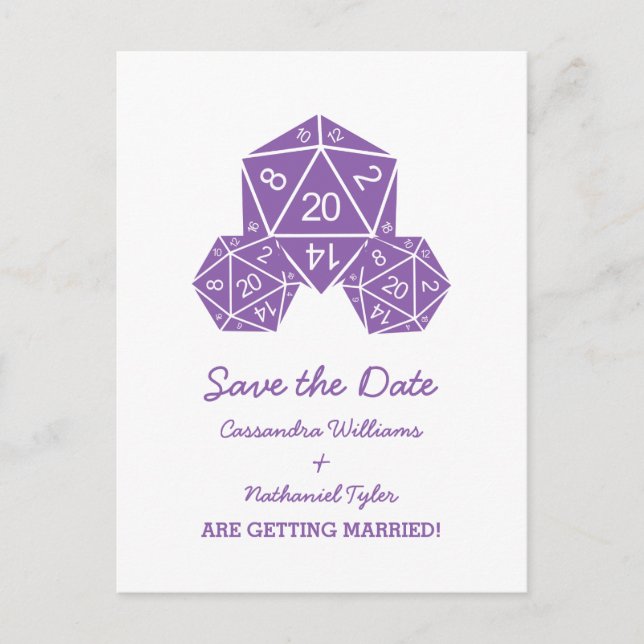 Purple D20 Dice Save the Date Postcard (Front)