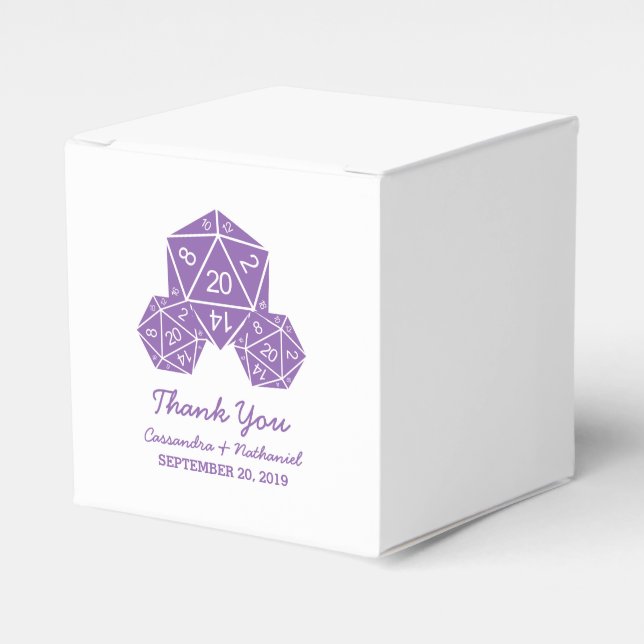 Purple D20 Dice Wedding Favor Boxes (Front Side)