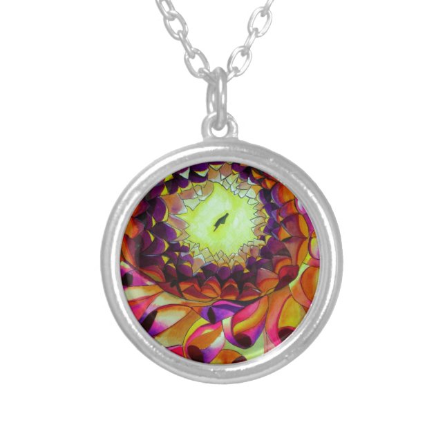 Purple Dahlia abstract original flower art Silver Plated Necklace (Front)