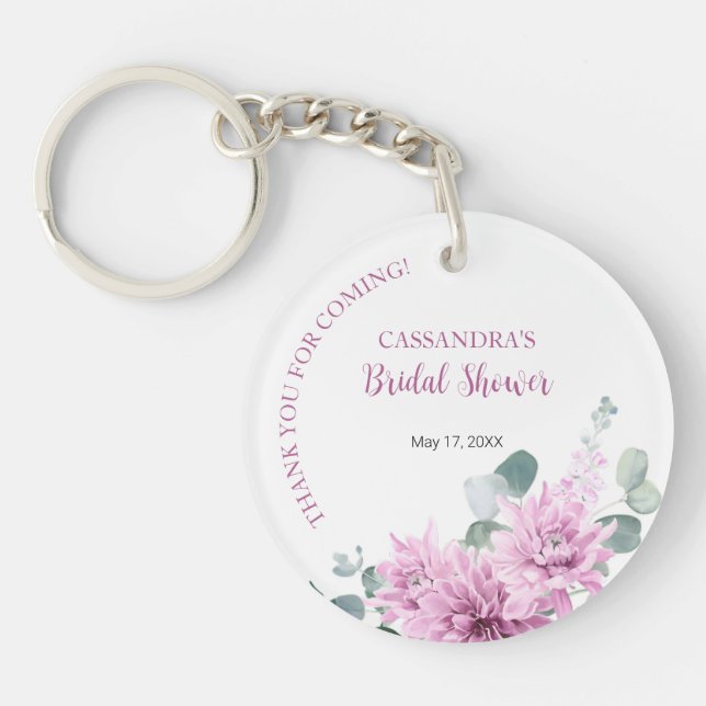 Purple Dahlia Eucalyptus Botanical Bridal Shower  Keychain (Front)