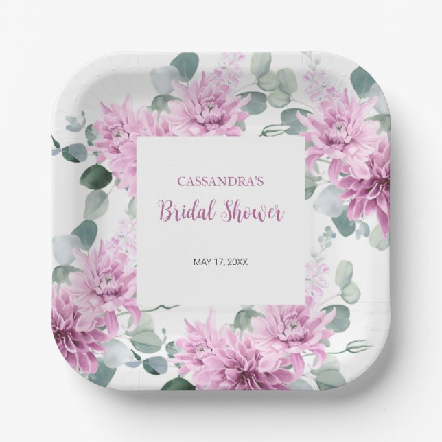 Purple Dahlia Eucalyptus Botanical Bridal Shower  Paper Plates (Front)
