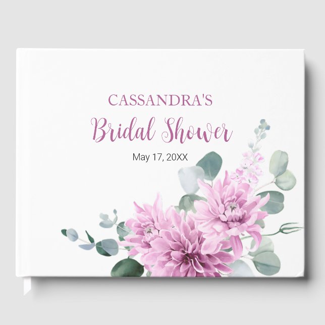 Purple Dahlia Eucalyptus Greenery Bridal Shower  Guest Book (Front)