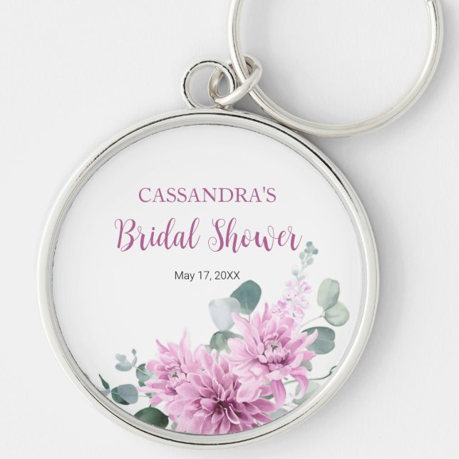 Purple Dahlia Eucalyptus Greenery Bridal Shower  Keychain (Front)