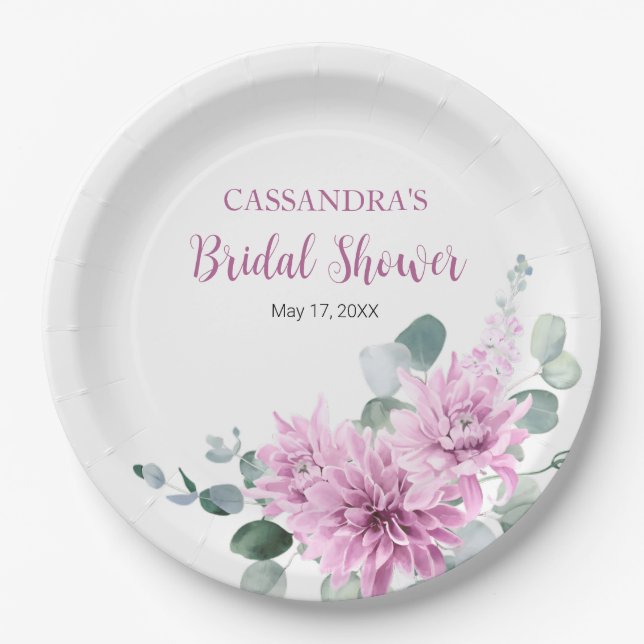 Purple Dahlia Eucalyptus Greenery Bridal Shower  Paper Plates (Front)