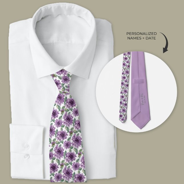 Purple Dahlia Floral Personalized Groomsmen Neck Tie (Purple dahlia floral personalized wedding tie for groomsmen)