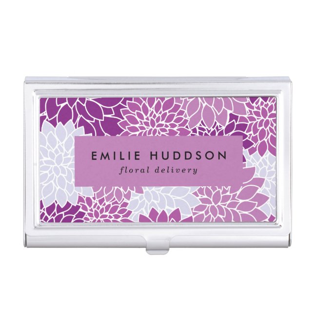 Purple Dahlia Flowers, Floristry, Flower Shop Business Card Case (Front)