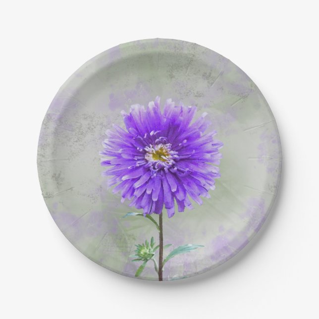 Purple dahlia watercolor paper plates (Front)