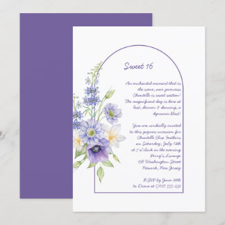 Purple Daisies, Anemones, Floral Arch Sweet 16 Invitation