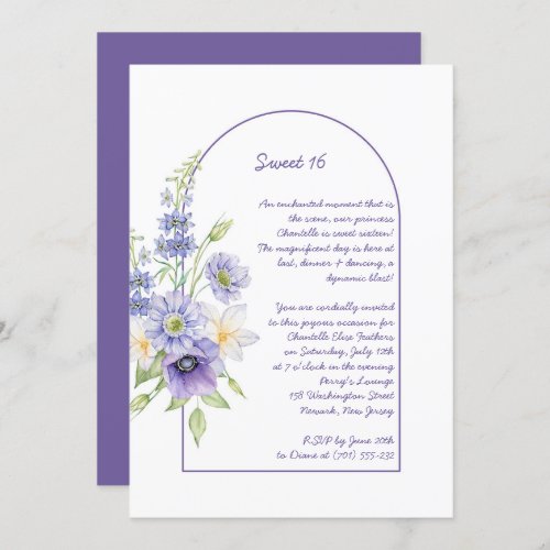 Purple Daisies Anemones Floral Arch Sweet 16 Invitation