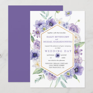 Purple Daisies, Anemones, Roses Floral Wedding | Invitation