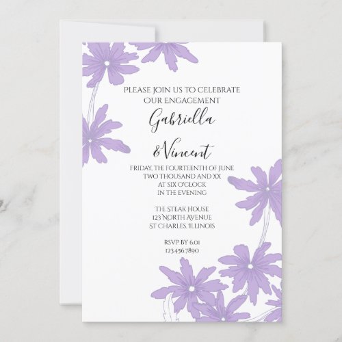 Purple Daisies on White Engagement Party Invitation