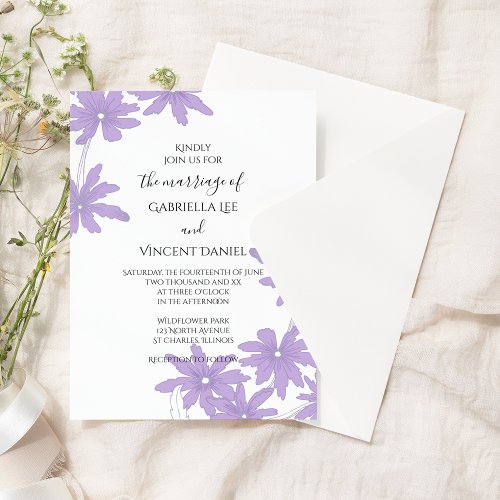 Purple Daisies on White Wedding Invitation