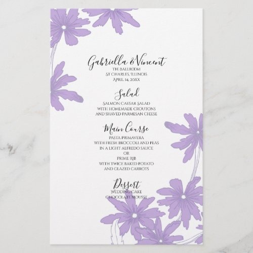 Purple Daisies on White Wedding Menu