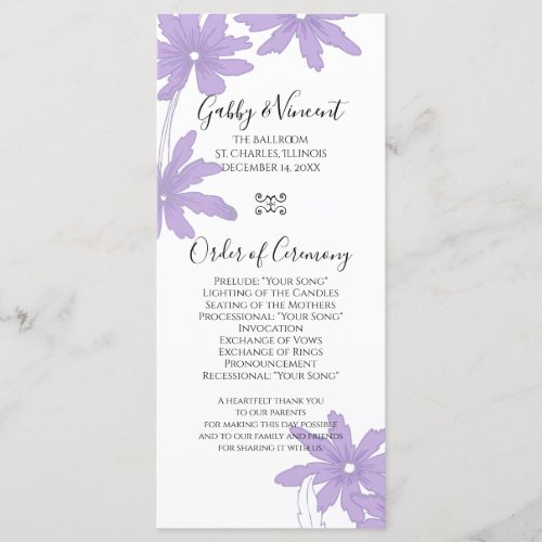 Purple Daisies on White Wedding Program