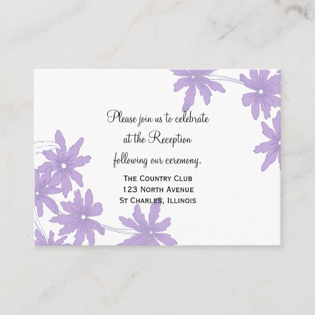 Purple Daisies on White Wedding Reception Card (Front)