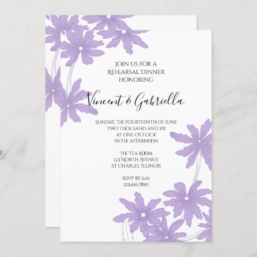 Purple Daisies on White Wedding Rehearsal Dinner Invitation