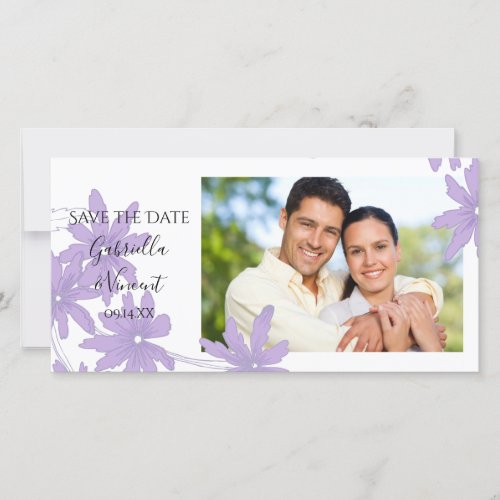 Purple Daisies on White Wedding Save the Date