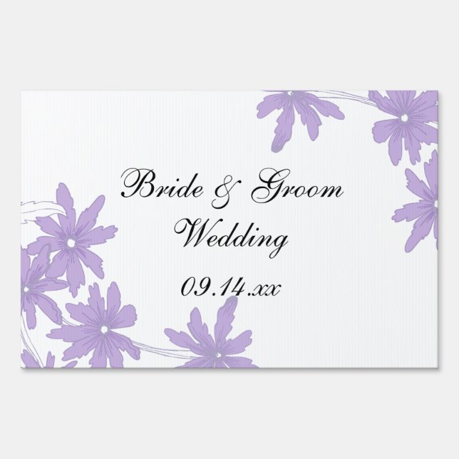 Purple Daisies on White Wedding Yard Sign (Front)