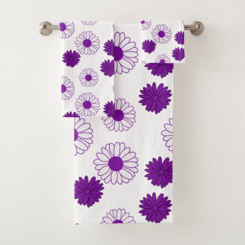Purple Daisies Pattern in White Bath Towel Set