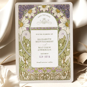 Purple Daisies Save Date Vintage Art Nouveau Mucha Invitation