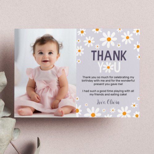 Purple Daisy 1st Birthday Photo Thank You Card