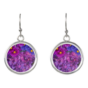 Purple Daisy and Hydrangea Flower Drop Earrings