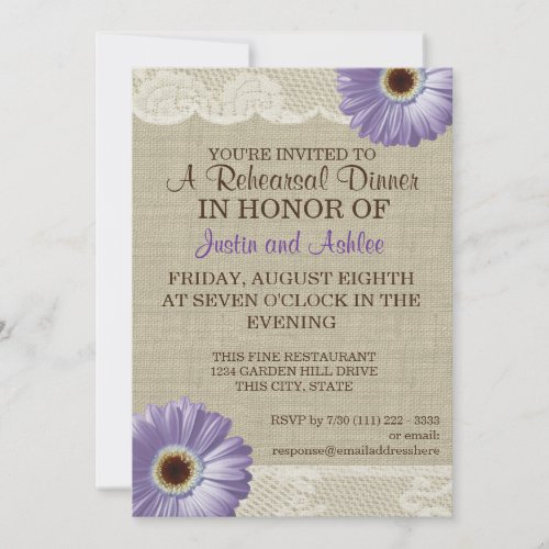 Purple Daisy and Lace Rehearsal Dinner Party Invitation