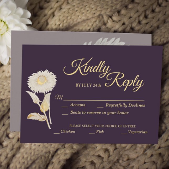 Purple Daisy Antique Wedding meal choice RSVP Card (Creator Uploaded)