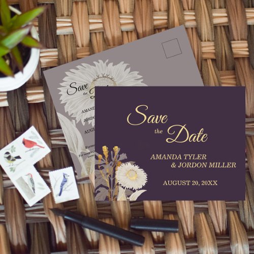 Purple Daisy Antique Wedding Save the Date Announcement Postcard