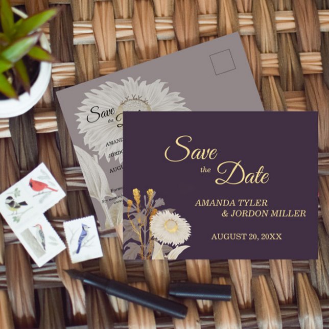 Purple Daisy Antique Wedding Save the Date Announcement Postcard (Creator Uploaded)