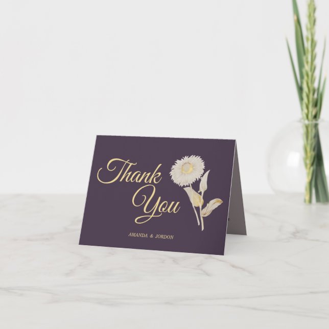 Purple Daisy Antique Wedding Thank You Card (Front)