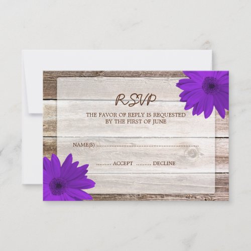 Purple Daisy Barn Wood Wedding RSVP Response Card