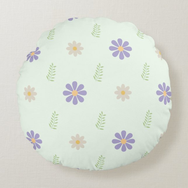 Purple Daisy & Fern Sprig Pattern Round Pillow (Front)