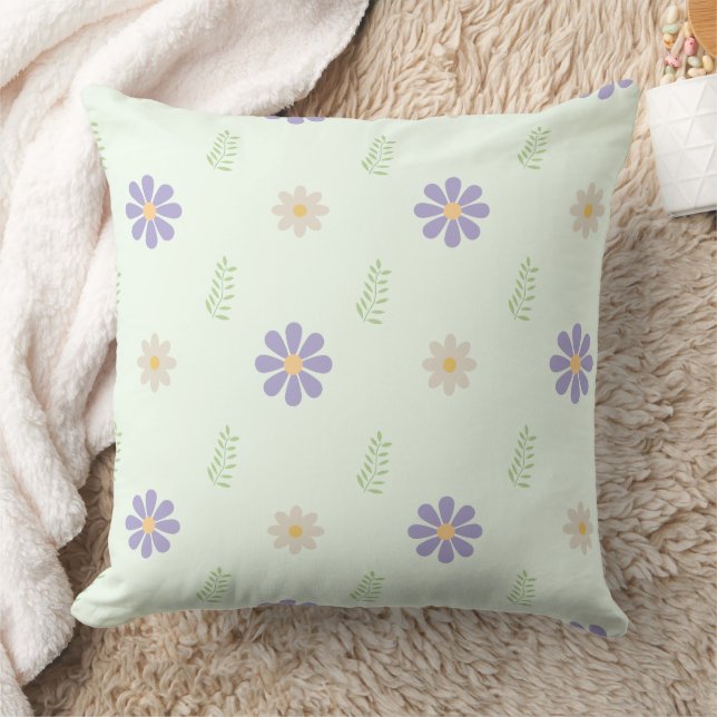 Purple Daisy & Fern Sprig Pattern Throw Pillow (Blanket)