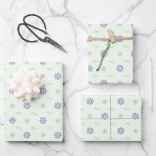 Purple Daisy & Fern Sprig Pattern Wrapping Paper Sheets