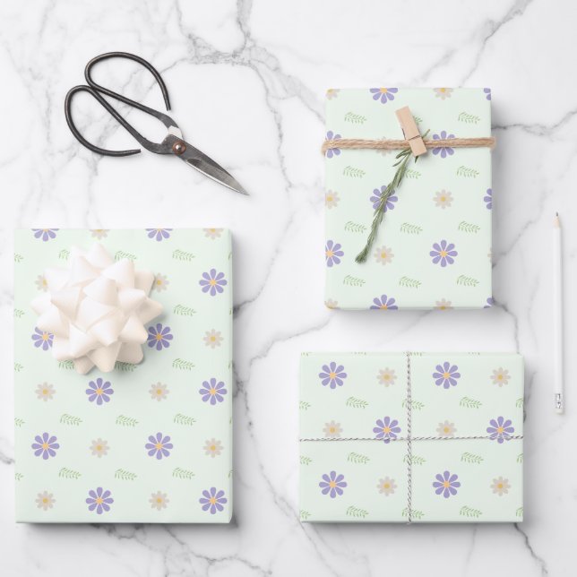 Purple Daisy & Fern Sprig Pattern Wrapping Paper Sheets (Front)