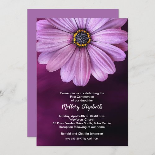 Purple Daisy First Communion Invitations