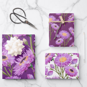 Purple Daisy Floral Blooms Wrapping Paper Sheets