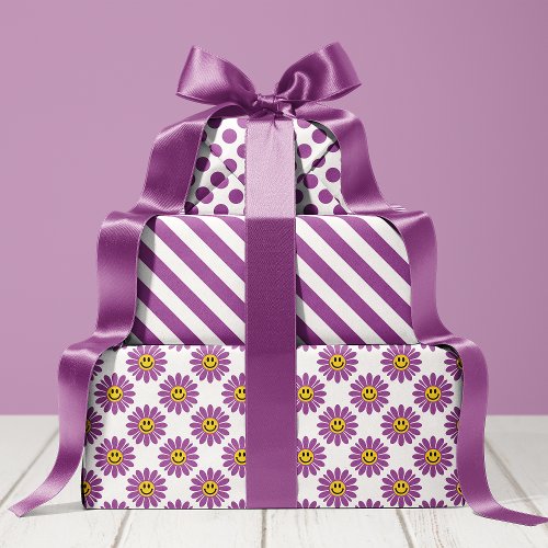 Purple Daisy Floral Stripes Polka Dot Wrapping Paper Sheets