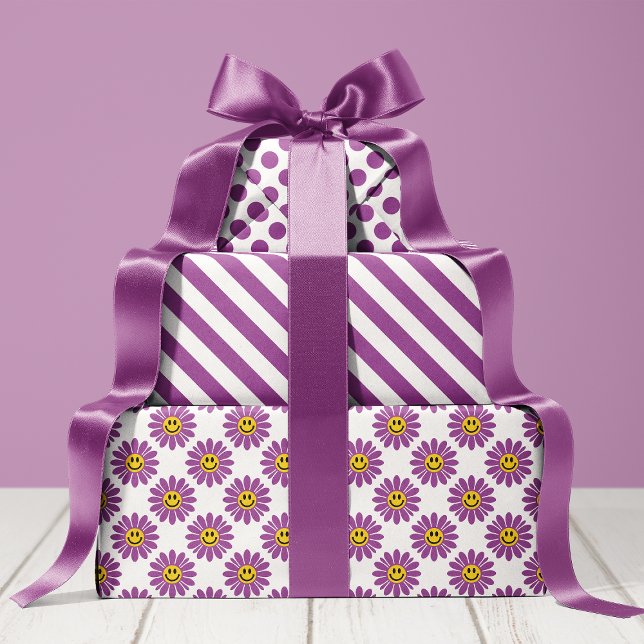 Purple Daisy Floral Stripes Polka Dot Wrapping Paper Sheets (Creator Uploaded)