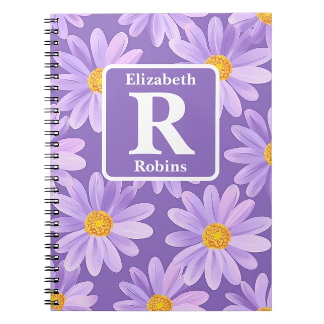Purple Daisy flower blossoms personalized Monogram Notebook (Front)