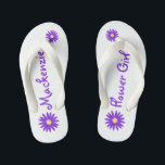 Purple Daisy Flower Girl Kid's Flip Flops<br><div class="desc">Bold and fun purple daisy and text design for your flower girl.  Personalize with a name or change text to suit your needs.</div>