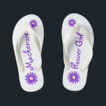 Purple Daisy Flower Girl Kid's Flip Flops<br><div class="desc">Bold and fun purple daisy and text design for your flower girl.  Personalize with a name or change text to suit your needs.</div>