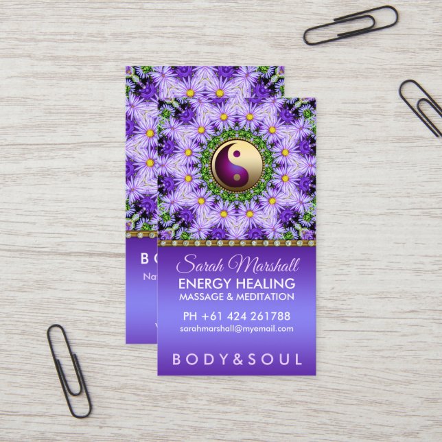 Purple Daisy Flowers Mandala Holistic Healing Business Card (Front/Back In Situ)